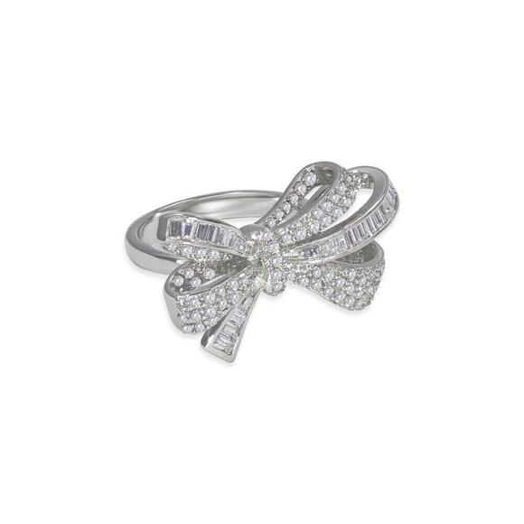 Anna Zuckerman White Crystalline Bow Tie Ring Platinum Silver Ring Band SZ 6 - Picture 1 of 3